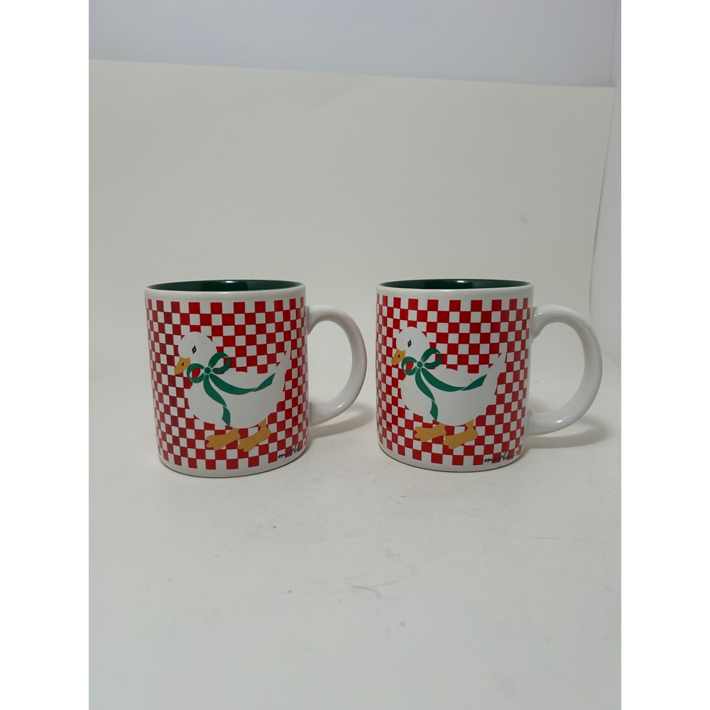 K.I.C. Vintage Goose Mugs Red White Checkered Green Interior Set of 2 Made Korea